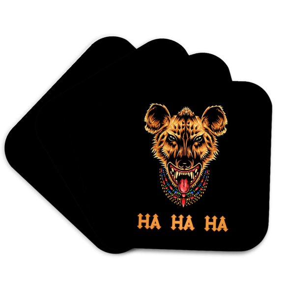 3drose, Image of a Laughing Hyena Face. a Text Ha Ha Ha. Funny Decor on Black, Set of 4 Coasters - Soft