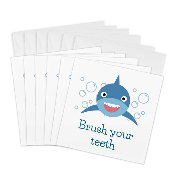 3drose, Image of a Shark with Text of Brush Your Teeth, 6 Greeting Cards with Envelopes