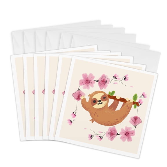 3drose, Image of a Sloth with Flowers, 6 Greeting Cards with Envelopes