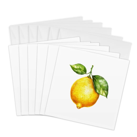 3drose, Image of a Yellow Lemon Fruit with Two Green Leaves Kitchen Gift, 6 Greeting Cards with Envelopes