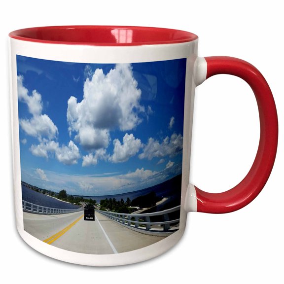 3drose, Image of on Sanibel Causeway with Huge White Billowy Clouds, 11oz Two-tone Red Mug