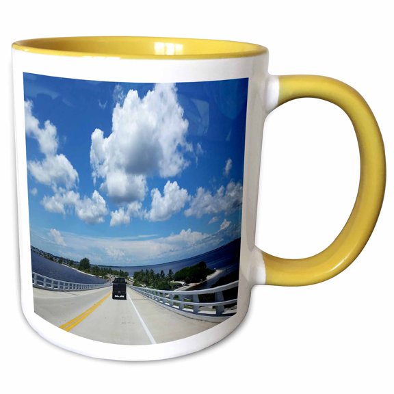 3drose, Image of on Sanibel Causeway with Huge White Billowy Clouds, 11oz Two-tone Yellow Mug