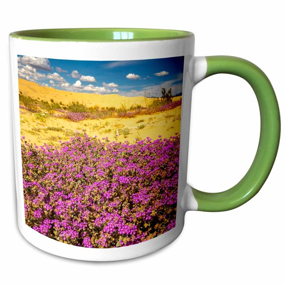 3drose, Imperial Sand Dunes Recreation Area, Ca. Primrose and Verbena., 11oz Two-tone Green Mug