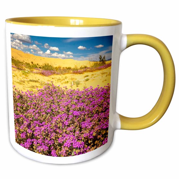 3drose, Imperial Sand Dunes Recreation Area, Ca. Primrose and Verbena., 11oz Two-tone Yellow Mug