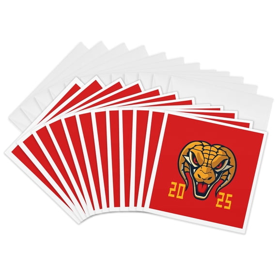 3drose, Impressive Mystic Snake Head. Chinese Zodiac 2025. Red, Yellow Amulet, 12 Greeting Cards with Envelopes