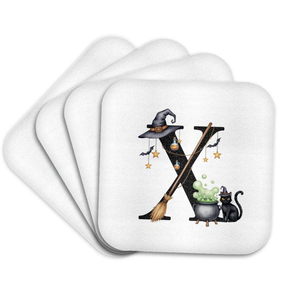 3drose, Incomparable Letter X. Halloween Monogram, Broom, Wizard Hat, Cat, Set of 4 Coasters - Soft