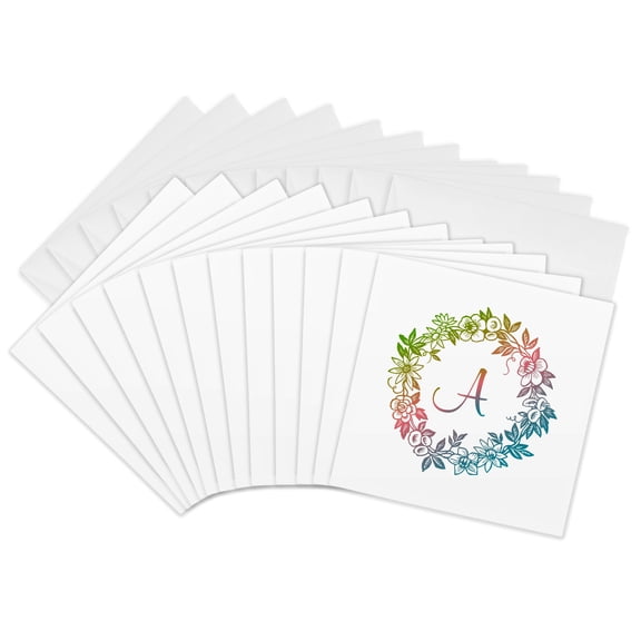3drose, Initial A- Circular Flower Motif in Softly Blended Green Pink and Blue, 12 Greeting Cards with Envelopes