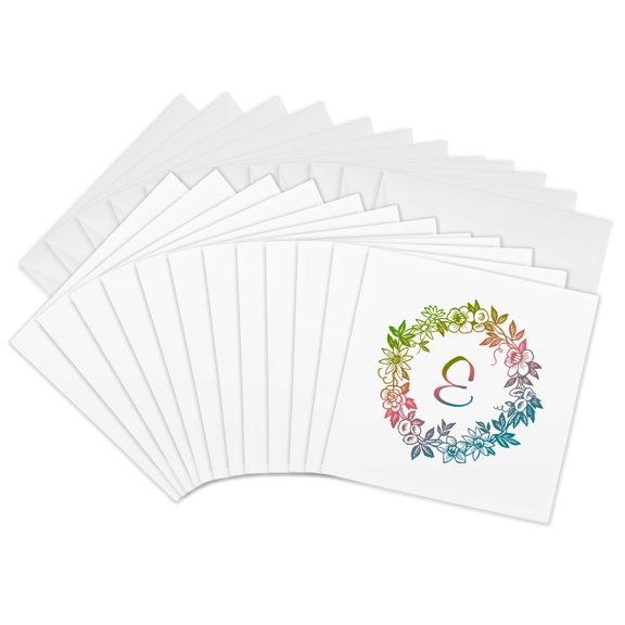 3drose, Initial E- Circular Flower Motif in Softly Blended Green Pink and Blue, 12 Greeting Cards with Envelopes