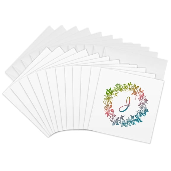 3drose, Initial J- Circular Flower Motif in Softly Blended Green Pink and Blue, 12 Greeting Cards with Envelopes