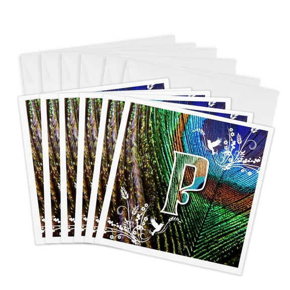 3drose, Initial Letter P- Beautiful Peacock Feather Letters and Numbers, 6 Greeting Cards with Envelopes