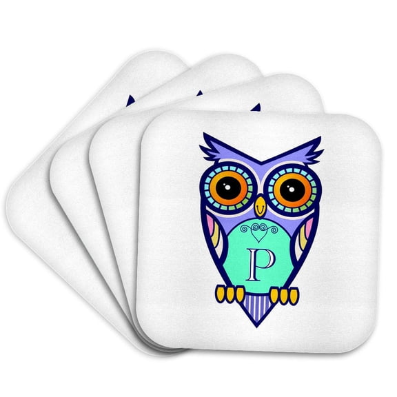 3drose, Initial Letter P- Cute Owl in Turquoise Pink and Lavender, Set of 4 Coasters - Cork