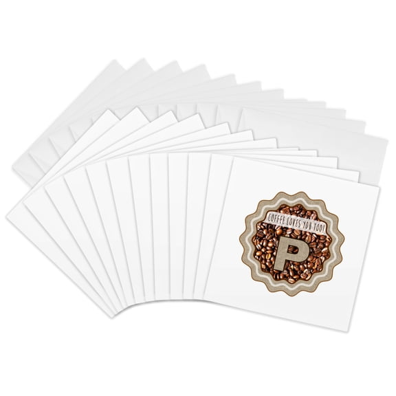 3drose, Initial P- Coffee Loves You Too Monogram Design, 12 Greeting Cards with Envelopes