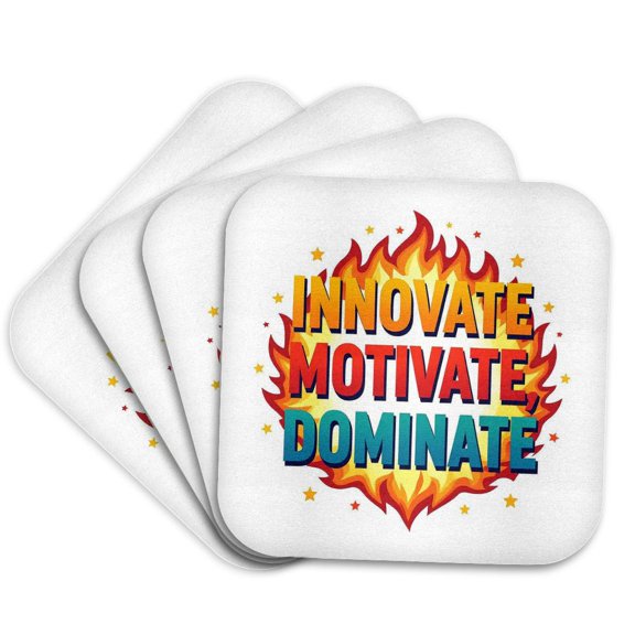 3drose, Innovate, Motivate, Dominate Colorful Text, Fire. Inspiration Gift, Set of 4 Coasters - Soft