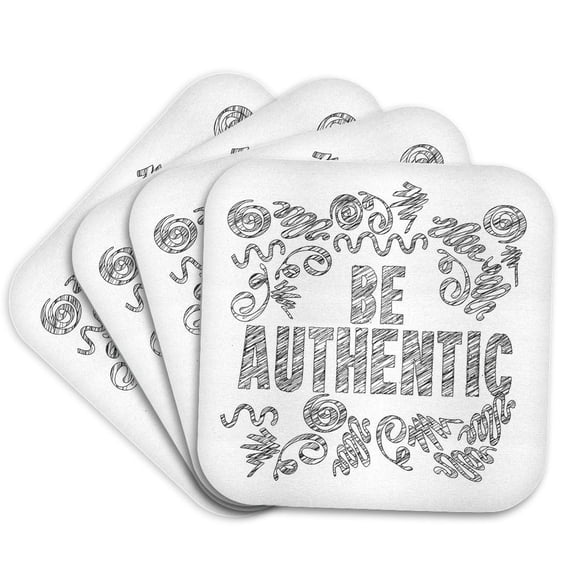 3drose, Inspirational Message of Be Authentic in Black and White Typography, Set of 4 Coasters - Soft