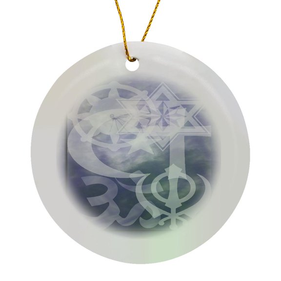 3drose, Interfaith Symbols in the Clouds, Blue, Circle Porcelain Ornament