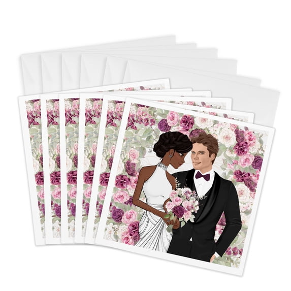 3drose, Interracial Bride and Groom Plum Ranculous Flowers for Wedding, 6 Greeting Cards with Envelopes