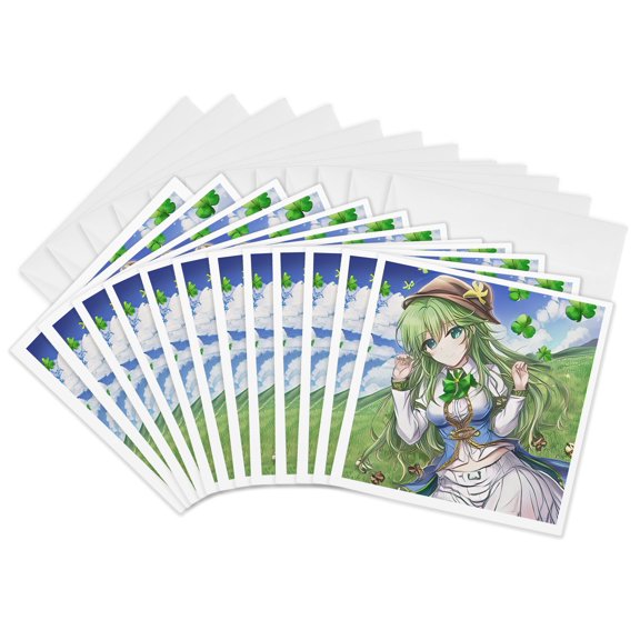 3drose, Irish Elf Girl Looks After Four Leaf Clover on the Spring Meadow, 12 Greeting Cards with Envelopes