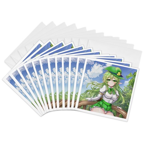 3drose, Irish Elf Girl Sits on the Bench in the Fantasy Garden Digital Art, 12 Greeting Cards with Envelopes
