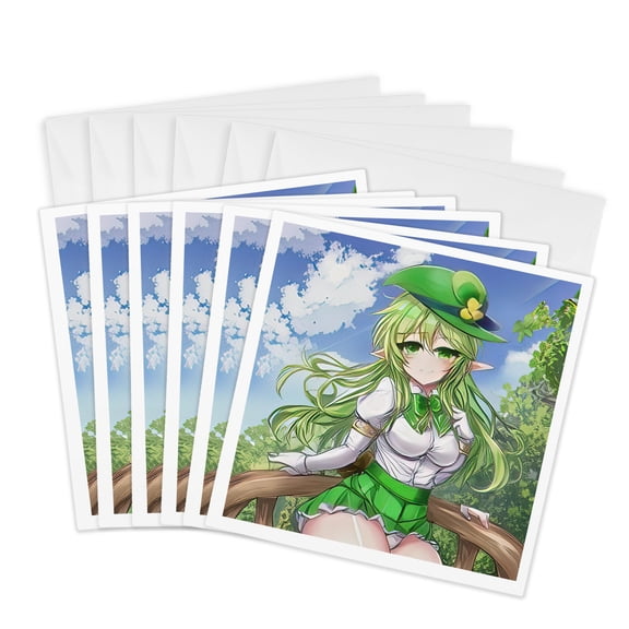 3drose, Irish Elf Girl Sits on the Bench in the Fantasy Garden Digital Art, 6 Greeting Cards with Envelopes