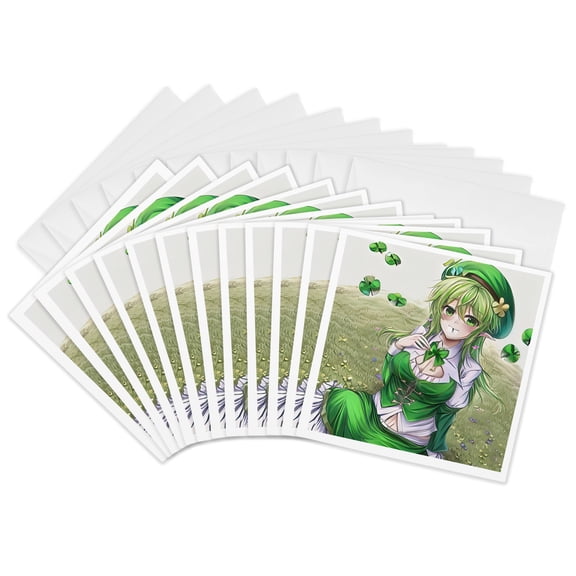 3drose, Irish Elf Girl Sits on the Grass, Four Leaf Clover Around, Funny Gift, 12 Greeting Cards with Envelopes