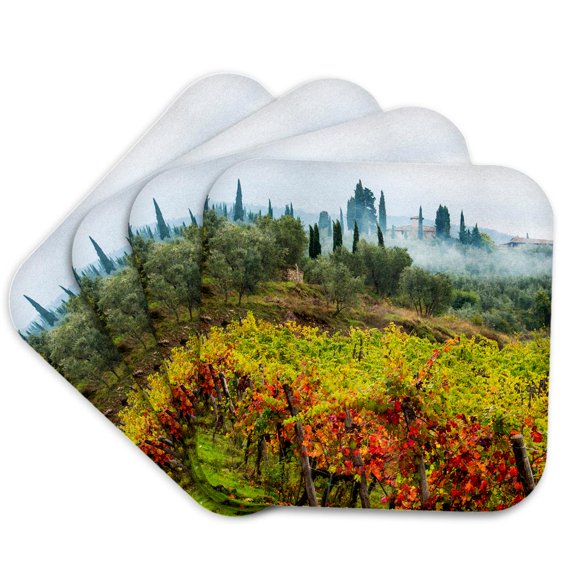 3drose, Italy, Tuscany, Chianti, Fog Drifts Along Vineyards in Autumn., Set of 4 Coasters - Soft