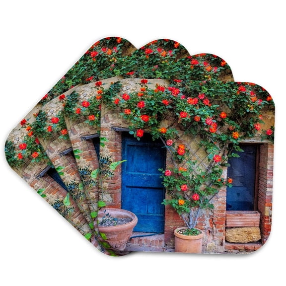 3drose, Italy, Val D Orcia. Two Doors with Vegetation, Set of 4 Coasters - Cork