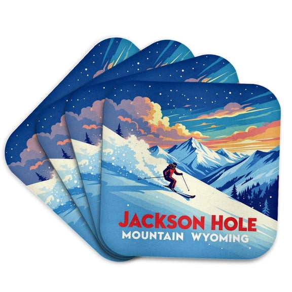 3drose, Jackson Hole Mountain, Wyoming. Skiing in America. Art for Men, Guys, Set of 4 Coasters - Soft