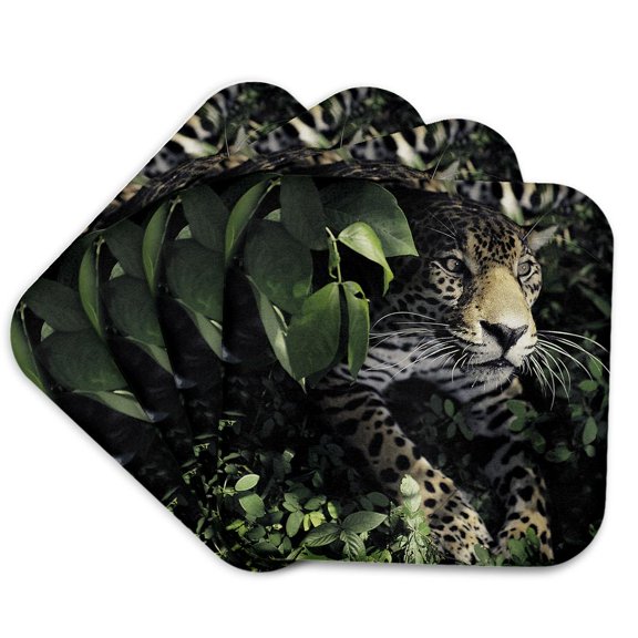 3drose, Jaguar ( Panthera Onca ) in Hiding in the Jungle Rainforest, Set of 4 Coasters - Soft