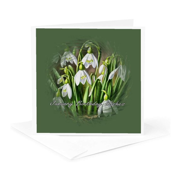 3drose, January Birthday Wishes Winter White Snowdrop Flowers, 1 Greeting Card with Envelope