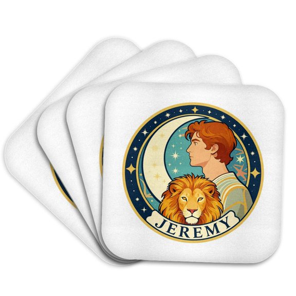 3drose, Jeremy Male Name, Moon, Man, and a Lion Head. Artsy Gift for Him, Set of 4 Coasters - Soft