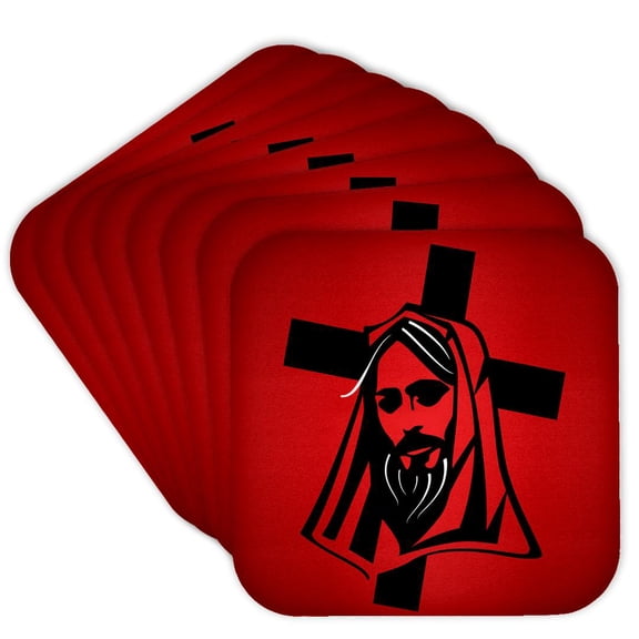 3drose, Jesus Vector Graphic Black on Red Background, Set of 8 Coasters - Cork