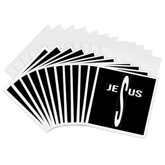 3drose, Jesus Written in a Faint Cross. White Lettering on Black Background., 12 Greeting Cards with Envelopes