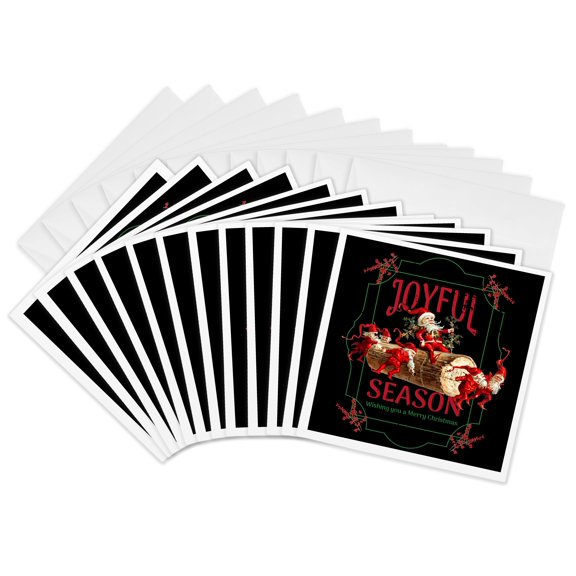 3drose, Joyful Season Santa and Elves, 12 Greeting Cards with Envelopes