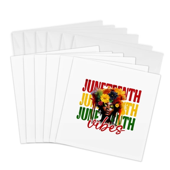 3drose, Juneteenth Vibes Colorful Text and African American Woman, Flowers, 6 Greeting Cards with Envelopes