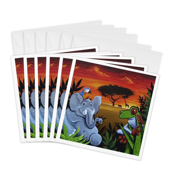 3drose, Jungle Scene with an Elephant, Parot, and Tree Frog, 6 Greeting Cards with Envelopes