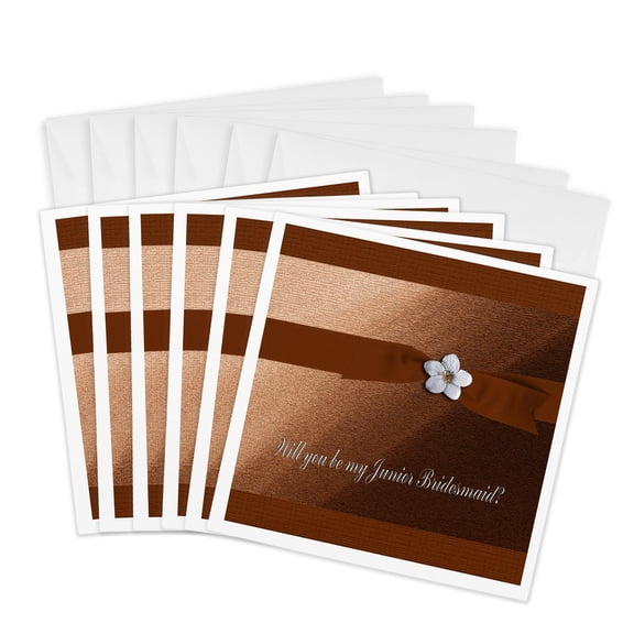 3drose, Junior Bridesmaid Request, Autumn Orange Ribbon with Flower on Peach, 6 Greeting Cards with Envelopes
