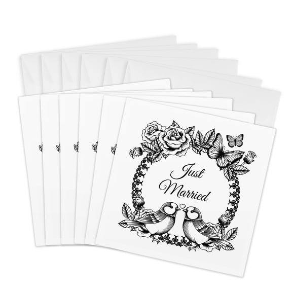 3drose, Just Married in a Black Frame of Birds, Roses, and Butterflies., 6 Greeting Cards with Envelopes