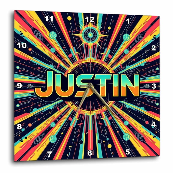 3drose, Justin Man Name, Futuristic Shining Abstract Art. Cool Personal Gift, 15x15 Wall Clock