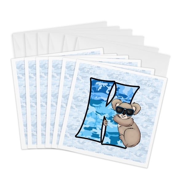 3drose, K Is for Koala in Blue for Boys Baby and Kids Monogram K in Camouflage Prints, 6 Greeting Cards with Envelopes