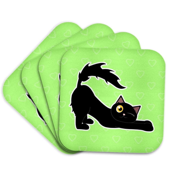 3drose, Kawaii Cats - Cute Black Kitty Stretching, Set of 4 Coasters - Soft
