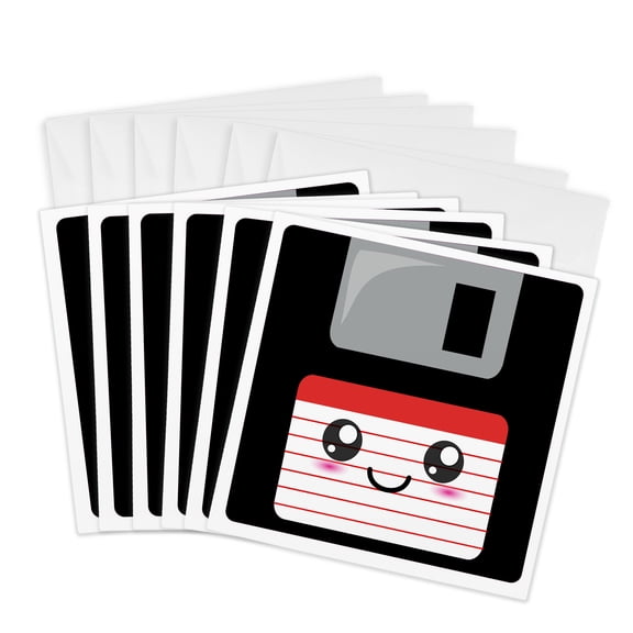 3drose, Kawaii Cute Happy Floppy Disk - Geeky Retro Computer - Japanese Anime Smiling Cartoon with Red Label, 6 Greeting Cards with Envelopes
