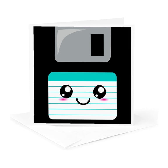 3drose, Kawaii Cute Happy Floppy Disk - Retro Computer Geek - Anime Smiling Cartoon Turquoise Teal Label, 1 Greeting Card with Envelope