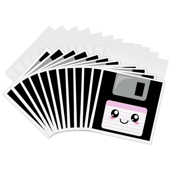 3drose, Kawaii Cute Happy Floppy Disk - Retro Computer Nerd - Japanese Anime Smiling Cartoon with Pink Label, 12 Greeting Cards with Envelopes