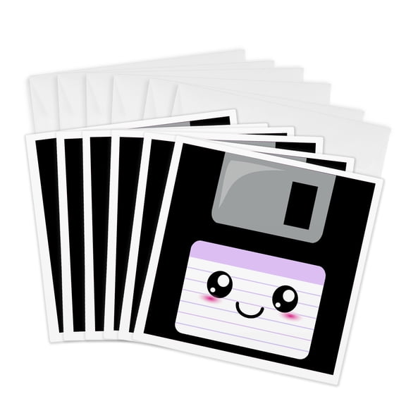 3drose, Kawaii Cute Happy Floppy Disk - Retro Computers - Japanese Anime Cartoon with Lilac Purple Label, 6 Greeting Cards with Envelopes