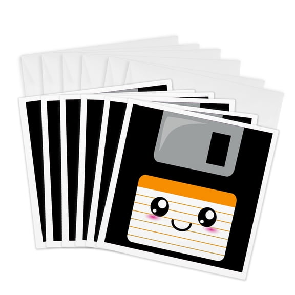 3drose, Kawaii Cute Happy Floppy Disk - Retro Computers - Japanese Anime Smiling Cartoon with Orange Label, 6 Greeting Cards with Envelopes
