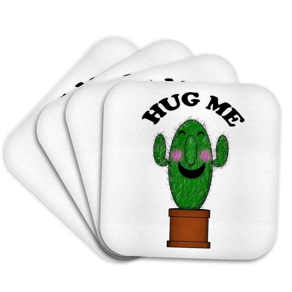 3drose, Kawaii Hug Me Smiling Cactus, Set of 4 Coasters - Soft