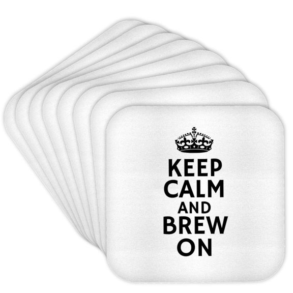 3drose, Keep Calm and Brew on Typography - Coffee Humor Quote with Crown, Set of 8 Coasters - Soft