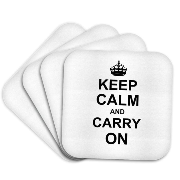3drose, Keep Calm and Carry on - Black Text on White - with Crown - Motivational Fun Reminder Funny Humor, Set of 4 Coasters - Soft
