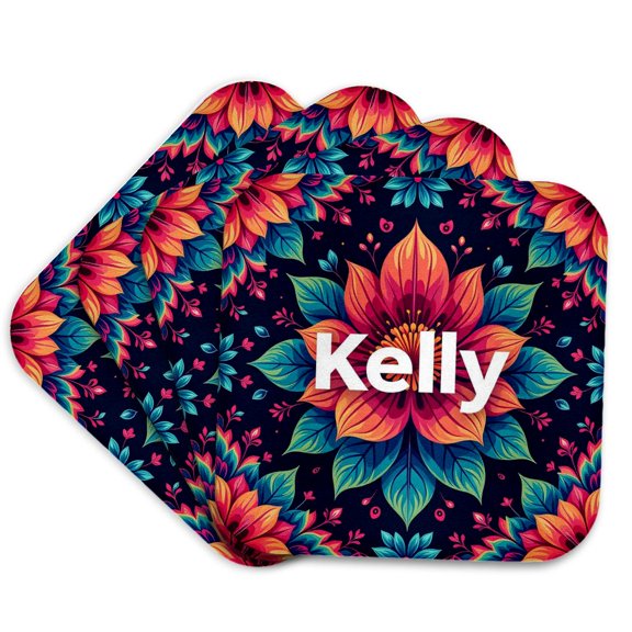 3drose, Kelly Lady Name, Colorful Floral Geometry Art. Personal Gift for Her, Set of 4 Coasters - Soft