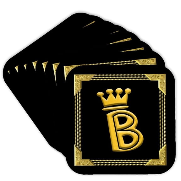 3drose, King, Queen Crown, Rich Frame. Yellow on Black. Decorative Letter B, Set of 8 Coasters - Cork